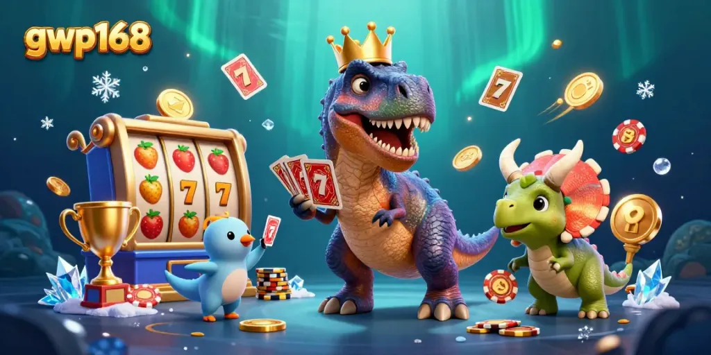 GWP168 menghadirkan ilustrasi 3D karakter kartun yang memasuki suasana kasino dengan simbol slot dan trofi.