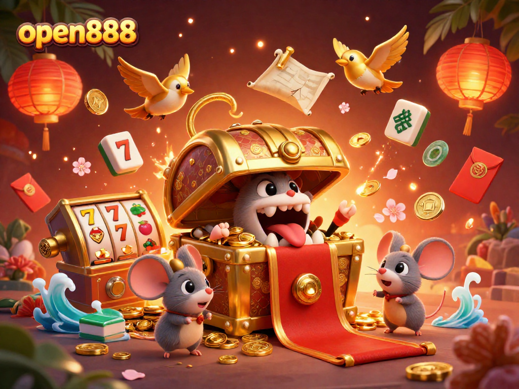 open888 illustrates a vibrant scene with a treasure chest and dynamic slot reels enticing players