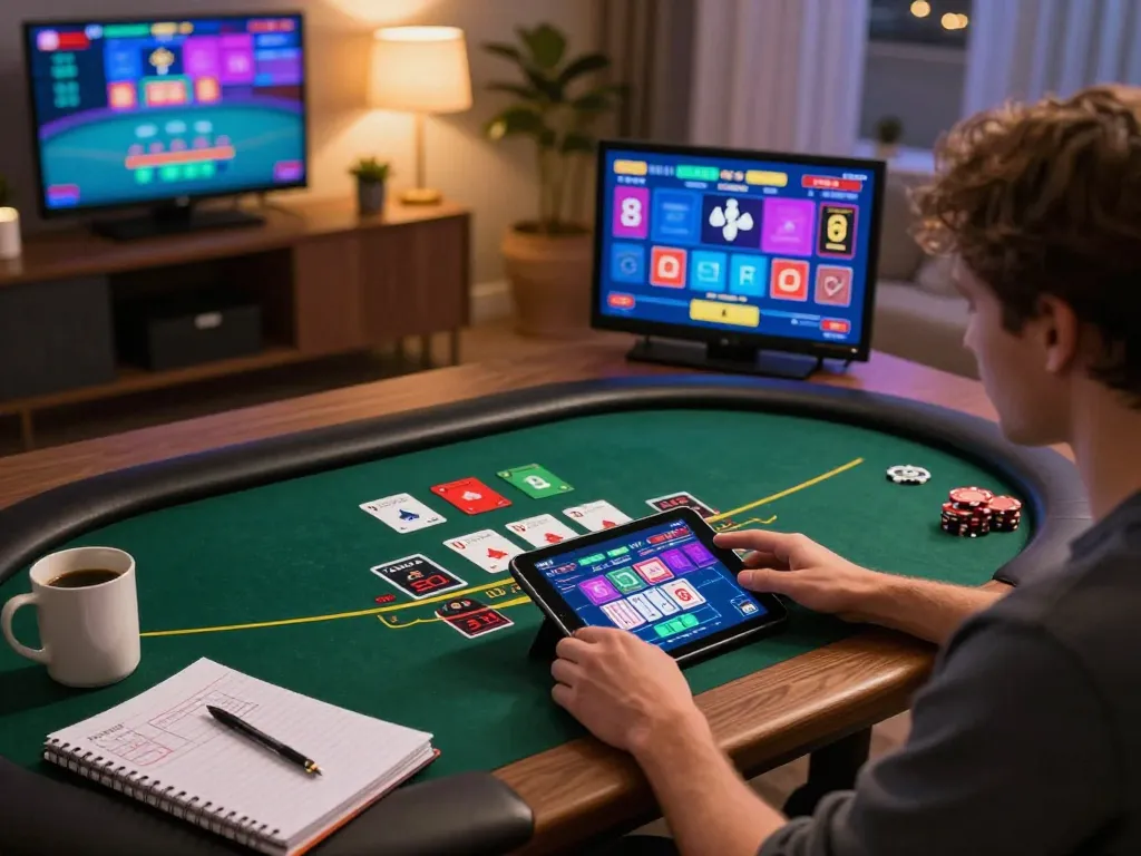 Player enjoying tg88 online blackjack strategy at home with tablet and notes
