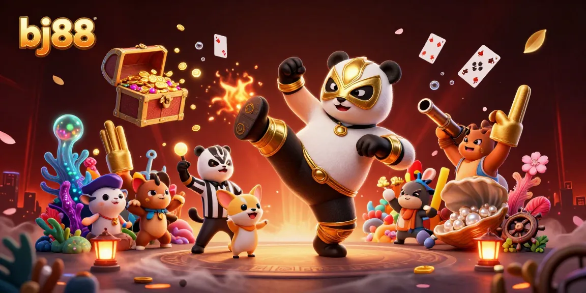 Bettors enjoy exciting bj88 cockfighting events with lively characters and vibrant elements in a dynamic scene.