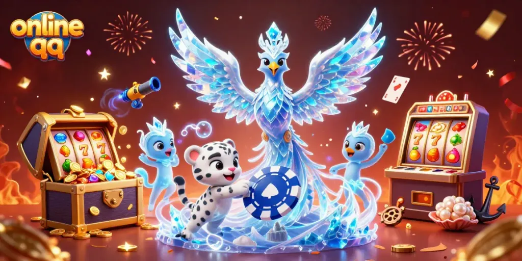 Engage in online qq gaming surrounded by vibrant casino elements and playful characters.