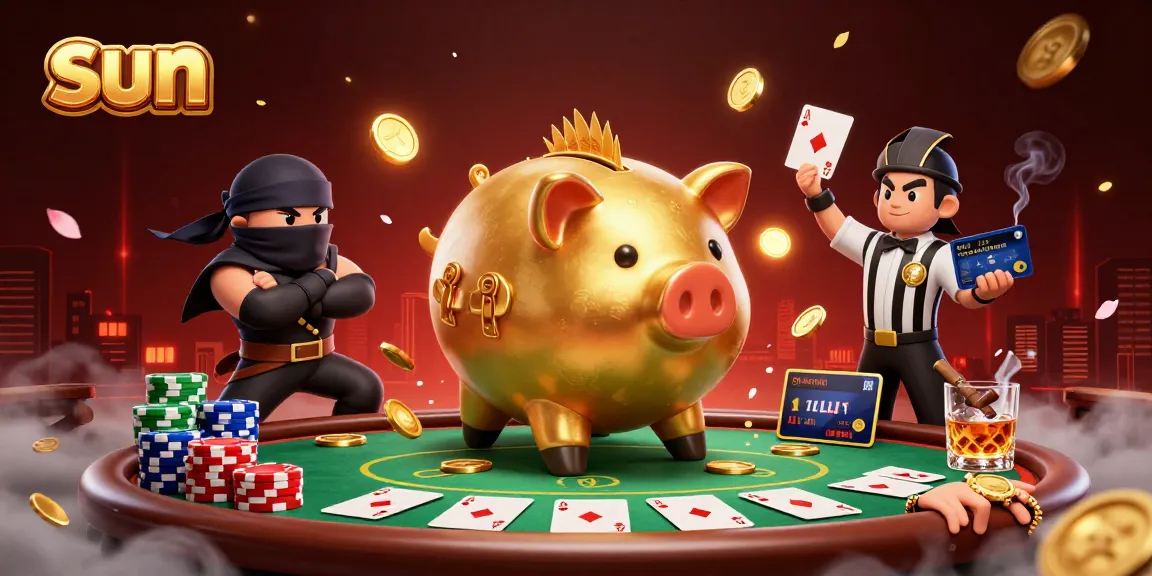 Sun gaming illustration with a huge piggy bank wrestler creating gold coins amidst a poker scene.