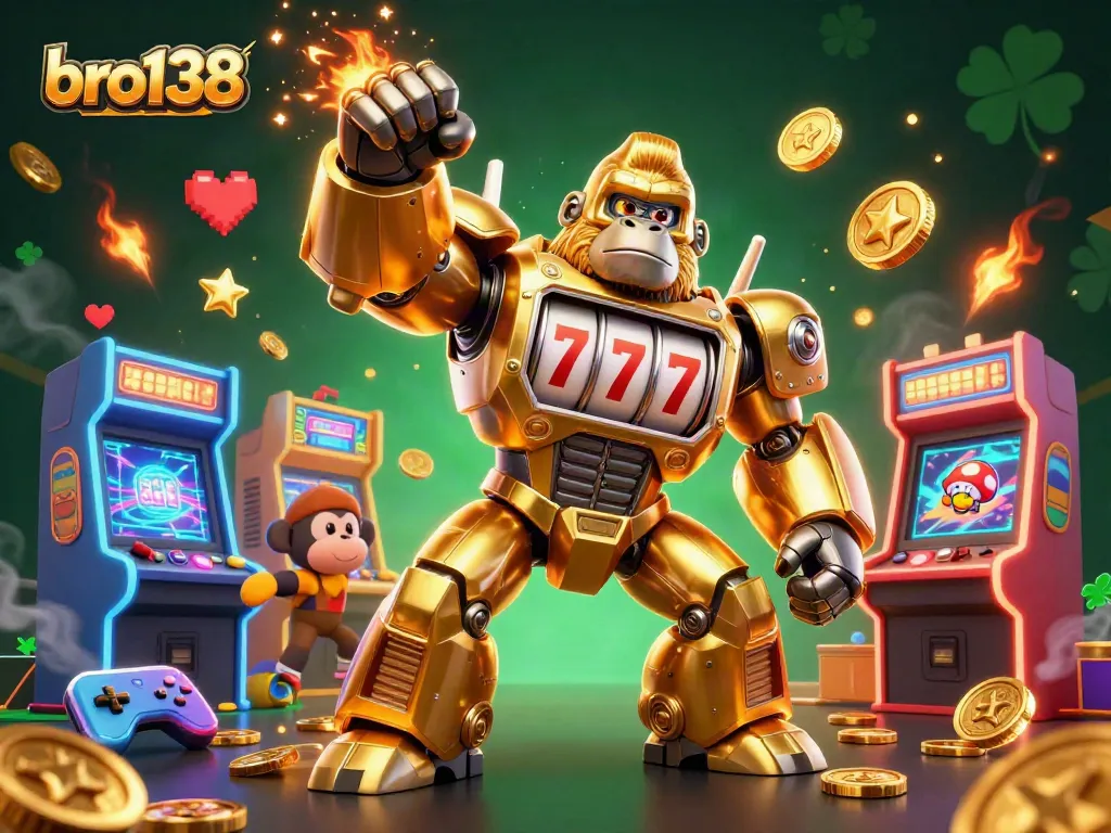 Bro138 showcases an energetic scene with a golden mech and casino elements, perfect for slot enthusiasts.