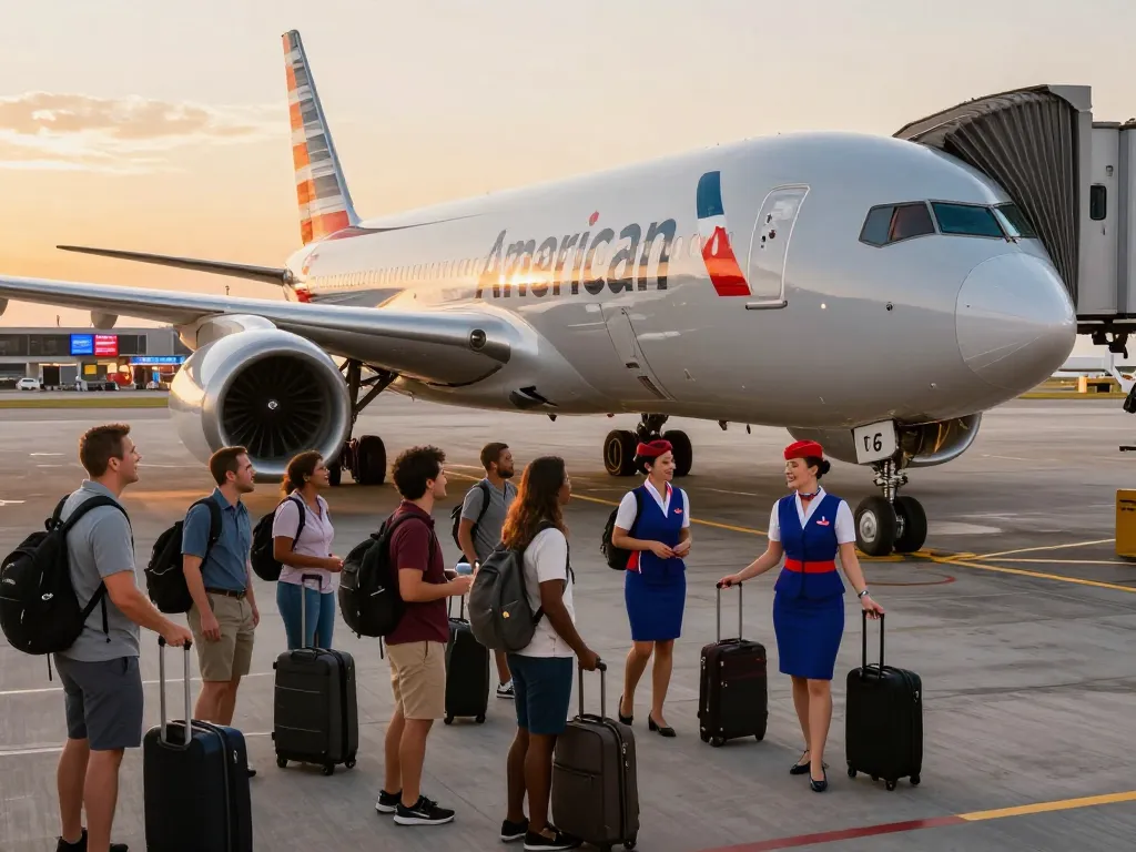 Travelers excited for their journey aboard the 789P aircraft at sunset.
