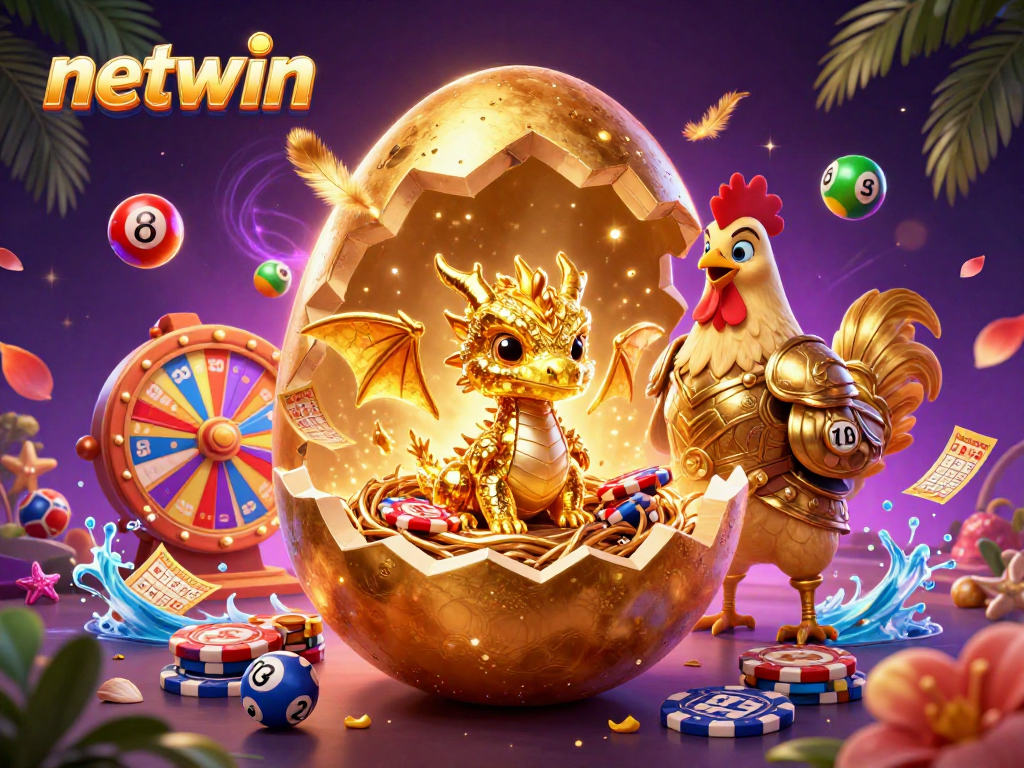 Engage in thrilling wins with netwin's colorful lottery and casino elements in a vibrant illustration.