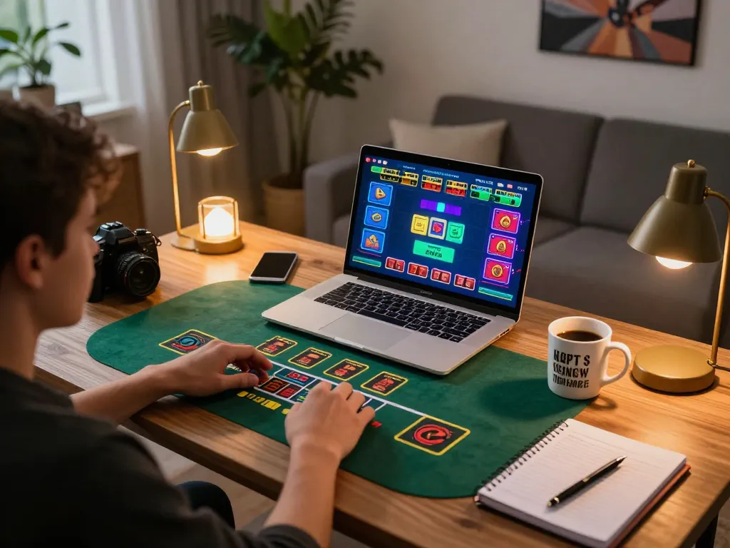 Player enjoying live dealer blackjack on 13win, showcasing a strategic gaming setup with laptop.