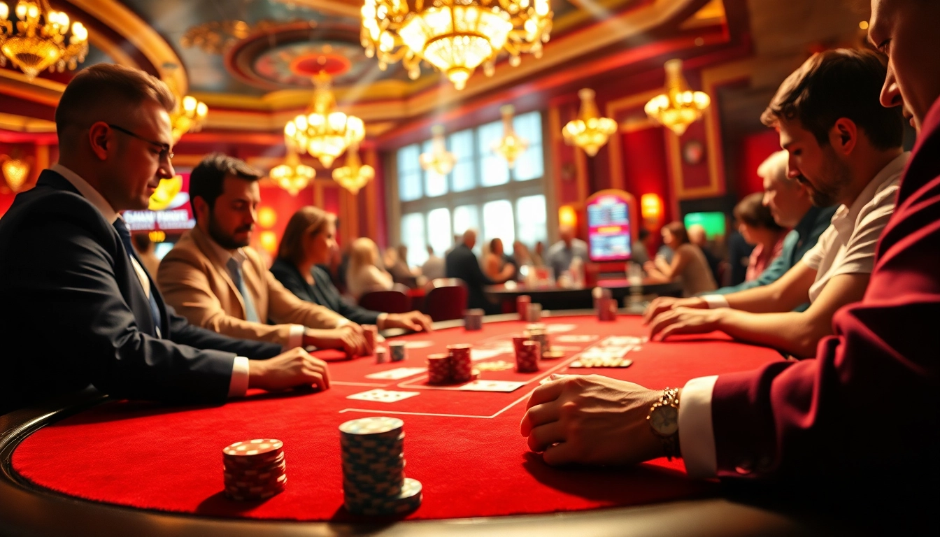 Main poker table action at mahongtoto casino with vibrant atmosphere and focused players.