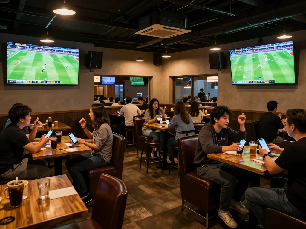 Excited bettors analyzing kèo bóng đá live from a sports bar, showcasing dynamic betting atmosphere