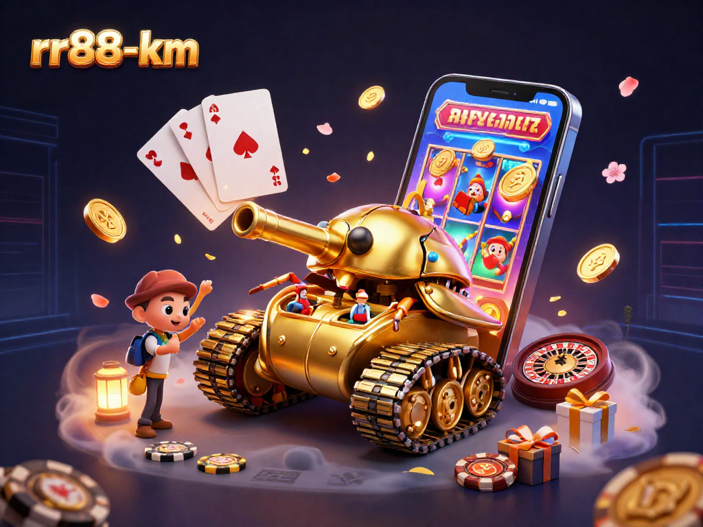 Experience excitement at rr88-km with a dynamic casino scene featuring a golden beetle tank and colorful slot games.