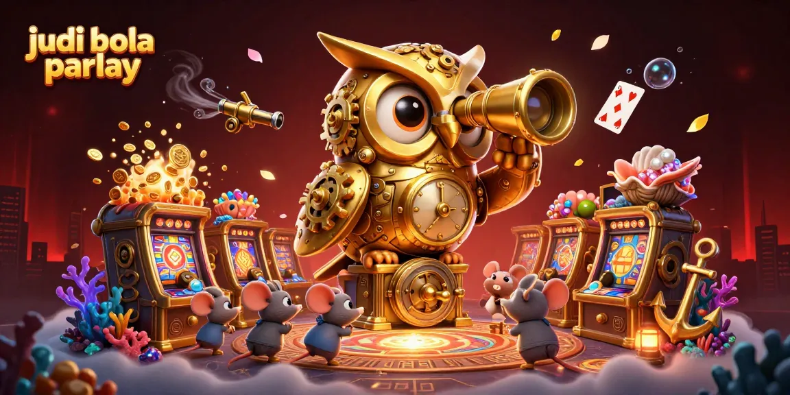 Bet on judi bola parlay as a golden owl oversees a vibrant casino adventure filled with treasure.