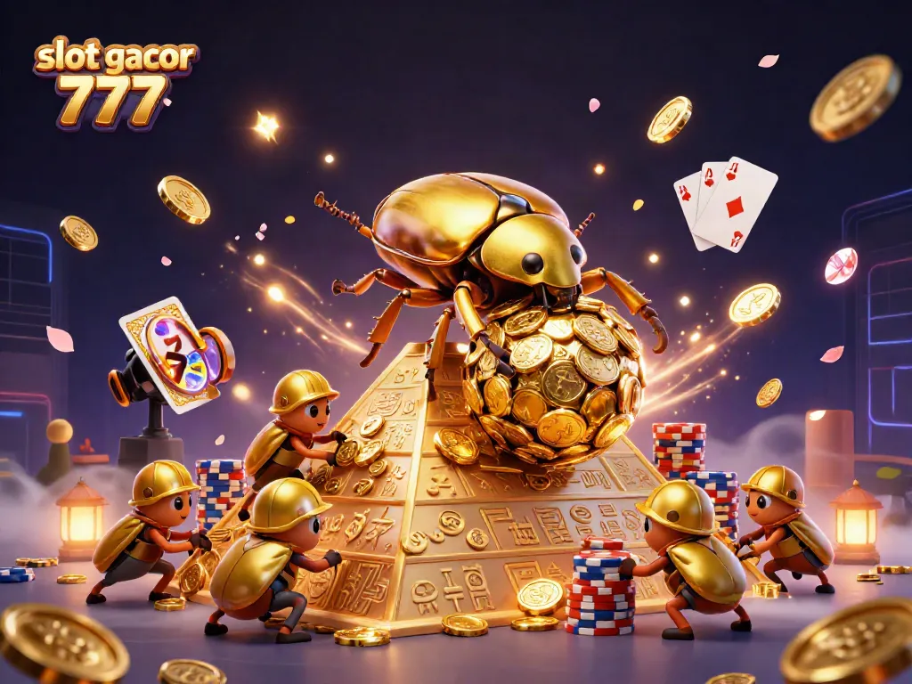 Ilustrasi 3D slot gacor 777 menampilkan kumbang emas raksasa menggelindingkan koin emas di piramida.