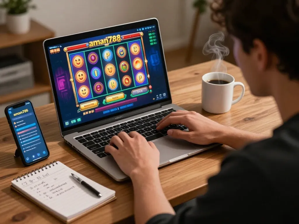 Pemain berinteraksi dengan permainan slot aman788 di laptop, menunjukkan setup perjudian online yang menarik.
