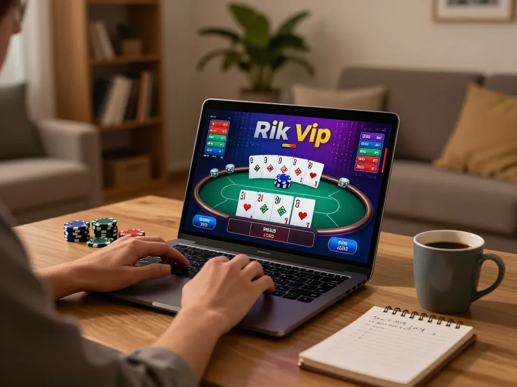 Playing Rik Vip online poker game in a cozy home environment with warm lighting.