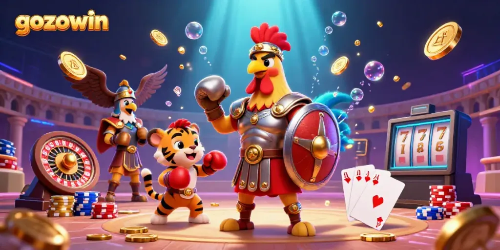 Experience the thrill of gozowin with a dynamic 3D illustration showcasing a rooster in Roman armor, casino elements, and vibrant energy.