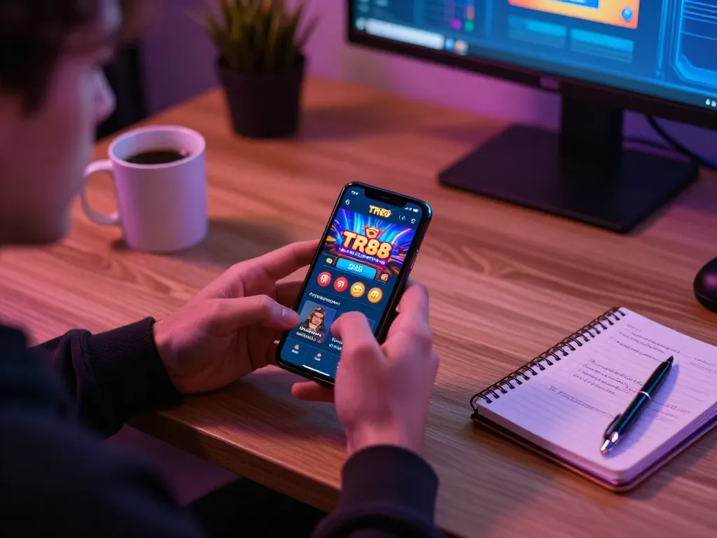 Player enjoying TR88 mobile casino app in a cozy setting, emphasizing responsible gaming