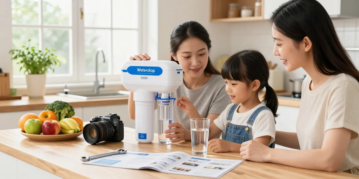 Family installing the Waterdrop TST-UF-B 0.01 Micron Ultra-Filtration Under Sink Water Filter in a bright kitchen, showcasing health and clean water.