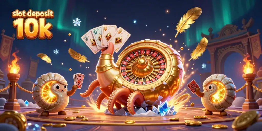 Gambarkan slot deposit 10k dengan nautilus raksasa dan uang emas di latar belakang cerah.