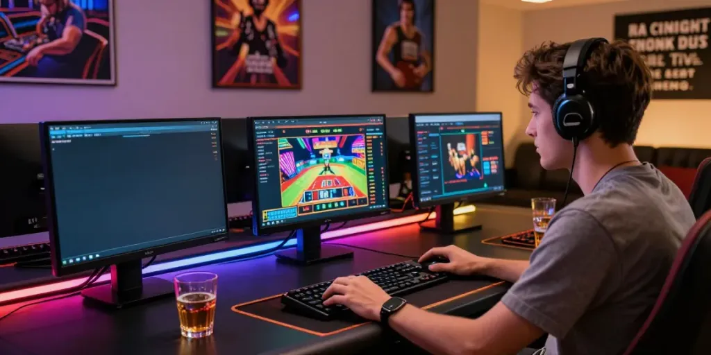 Engaged player at https://xx88.day/ gaming desk, showcasing sports betting and casino games.