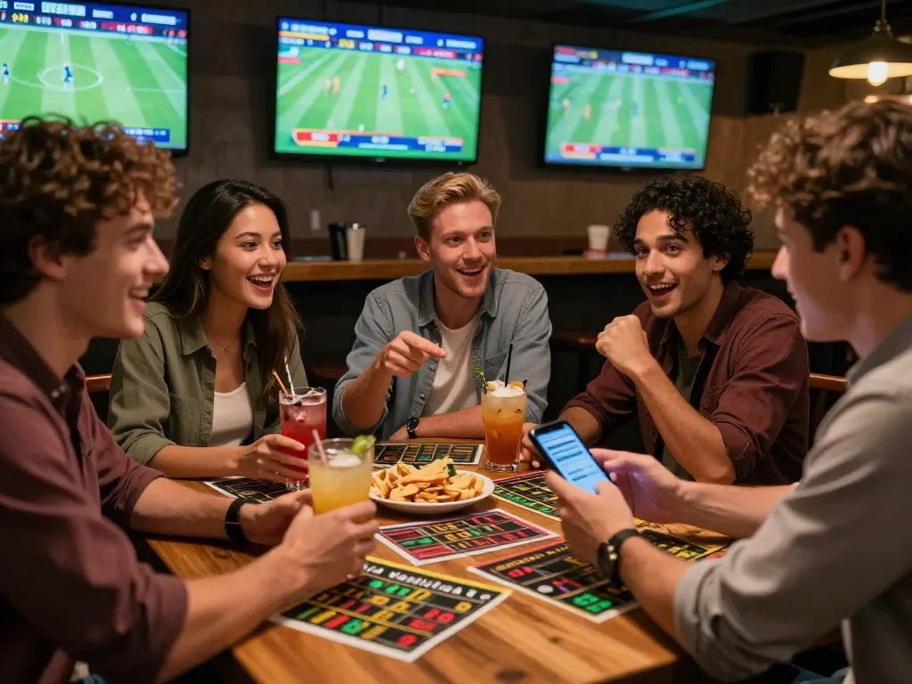 Friends celebrating exciting Tỷ Lệ Bóng Đá bets at a lively sports bar, showing dynamic betting interactions.