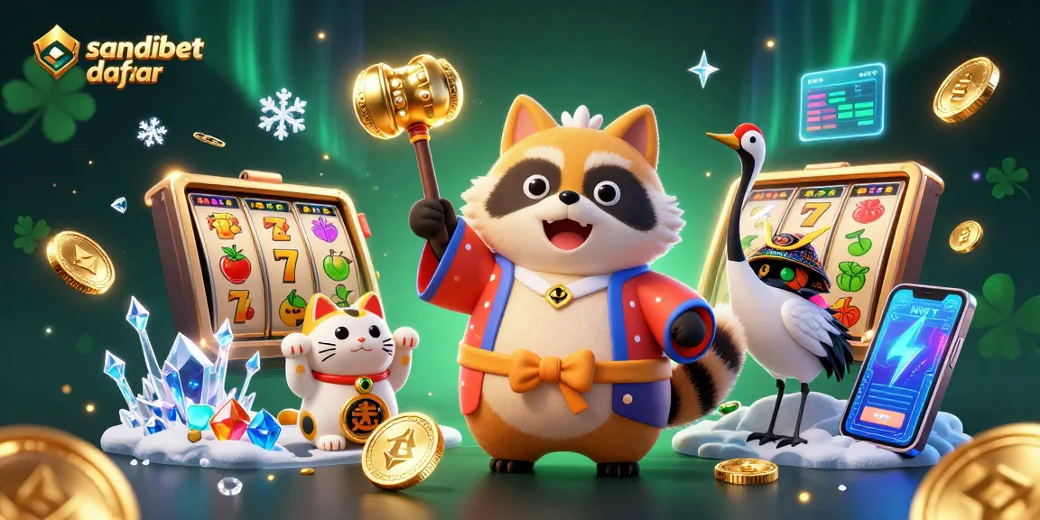 Bergabunglah dalam kesenangan di sandibet daftar dengan tanuki ceria dan simbol keberuntungan dalam seni digital 3D yang berwarna-warni.