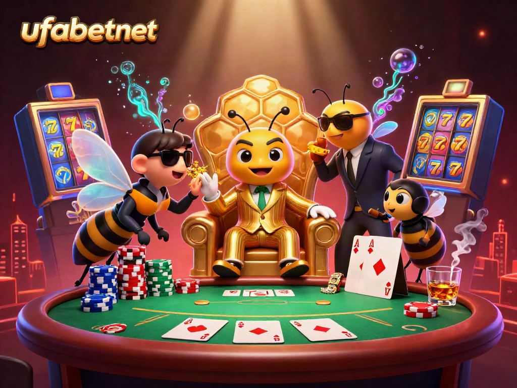 Engage with ufabetnet at a vibrant casino scene featuring a bumblebee mob boss and poker action.