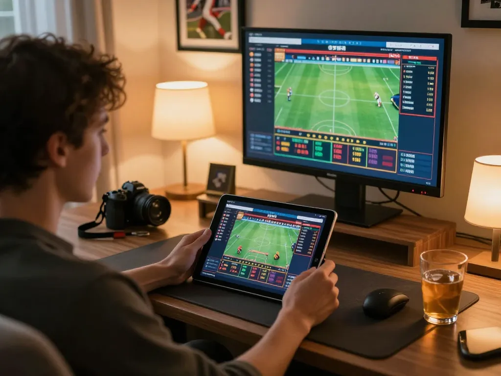 Experience the Top 10 nhà cái uy tín through thrilling sports betting on a tablet in a cozy setting