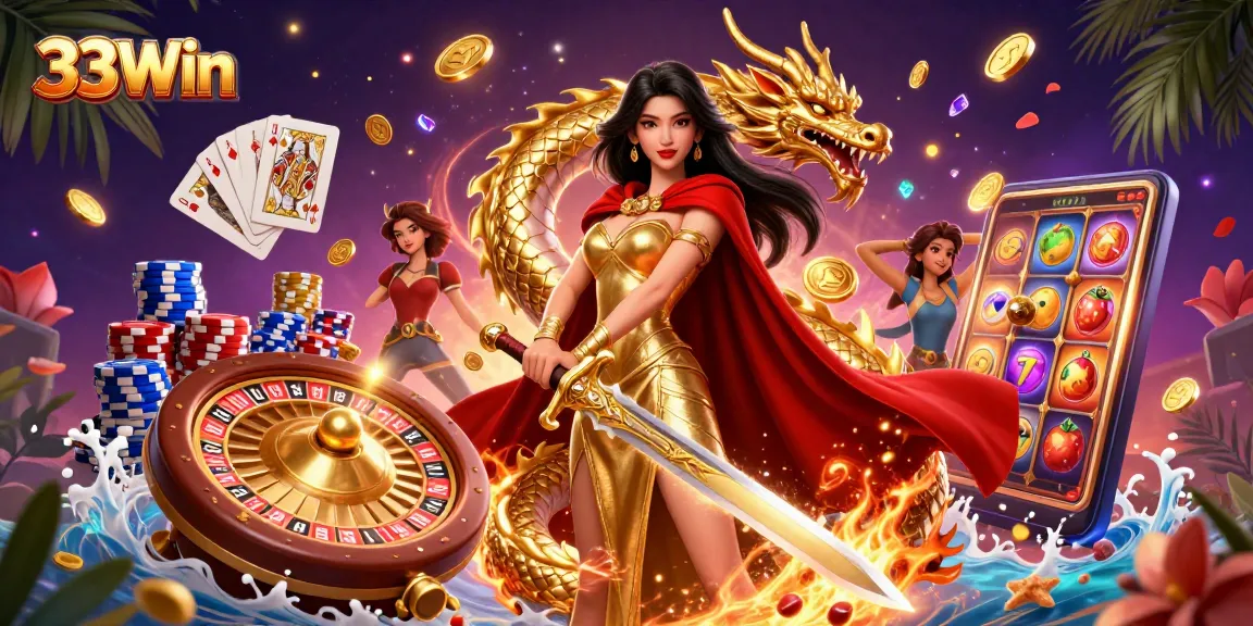 33Win slots come to life with a warrior queen and precious treasures in a vibrant scene.