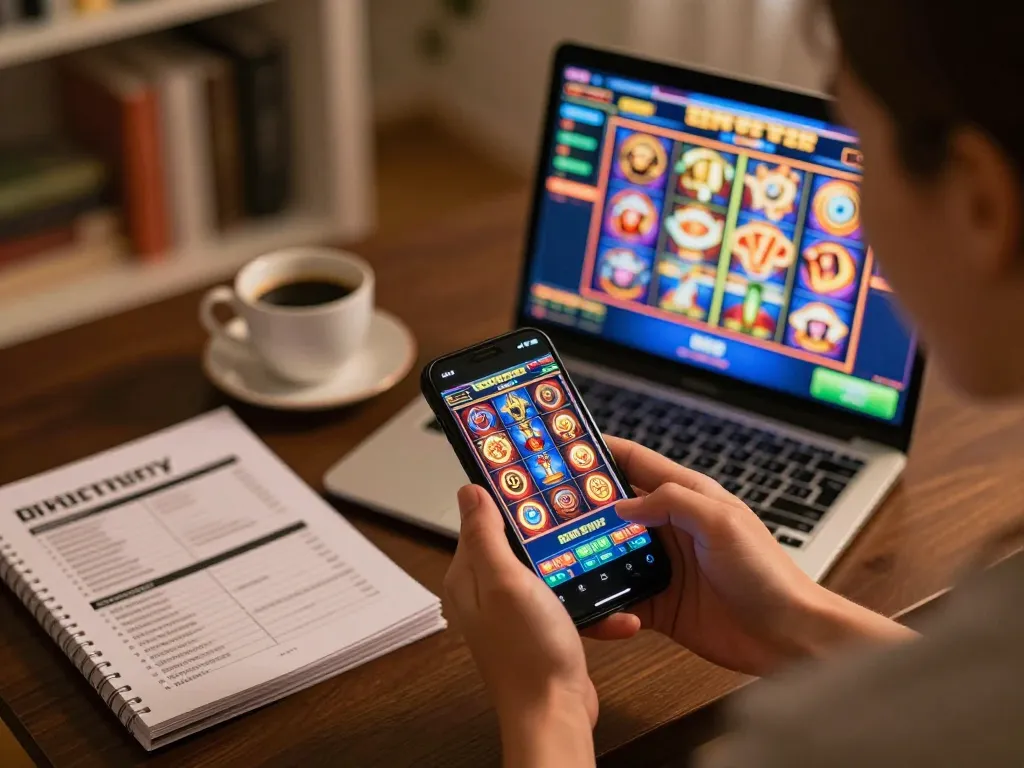 Pemain terlibat dengan slot online aman788 di ponsel pintar, menunjukkan kegembiraan dalam suasana rumah yang nyaman.