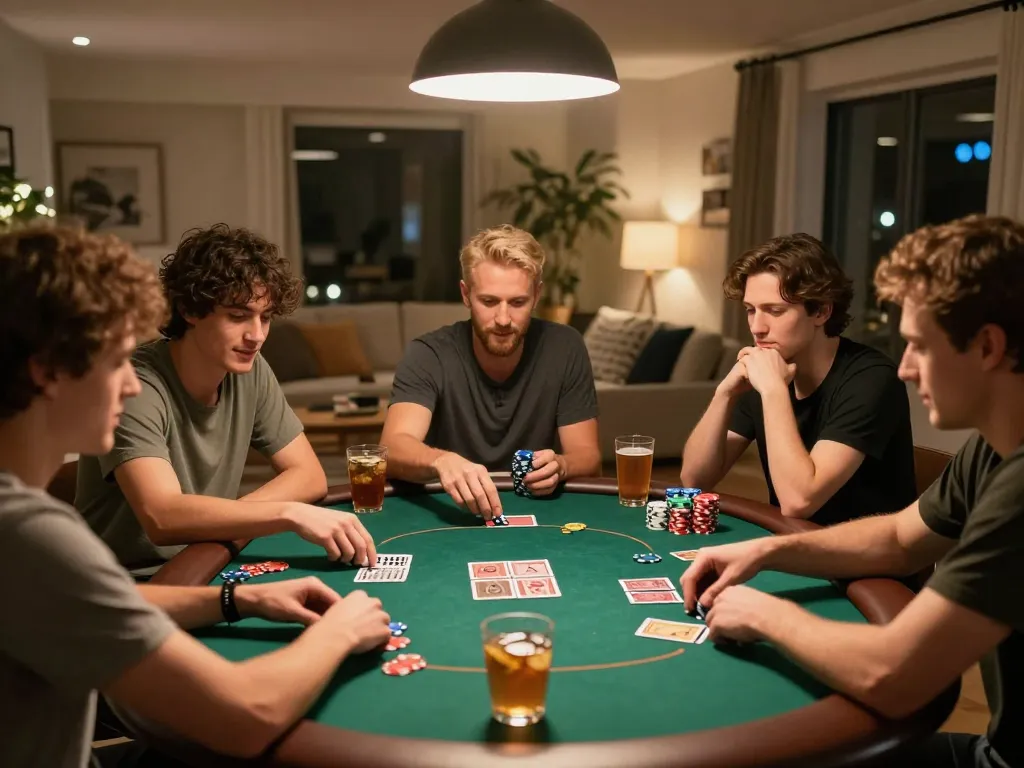 Friends playing poker together at home, showcasing god55vn gaming excitement and social atmosphere