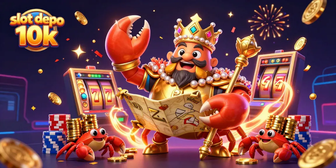Spin the reels at slot depo 10k with golden crab emperor, jackpot symbols, and colorful chips.