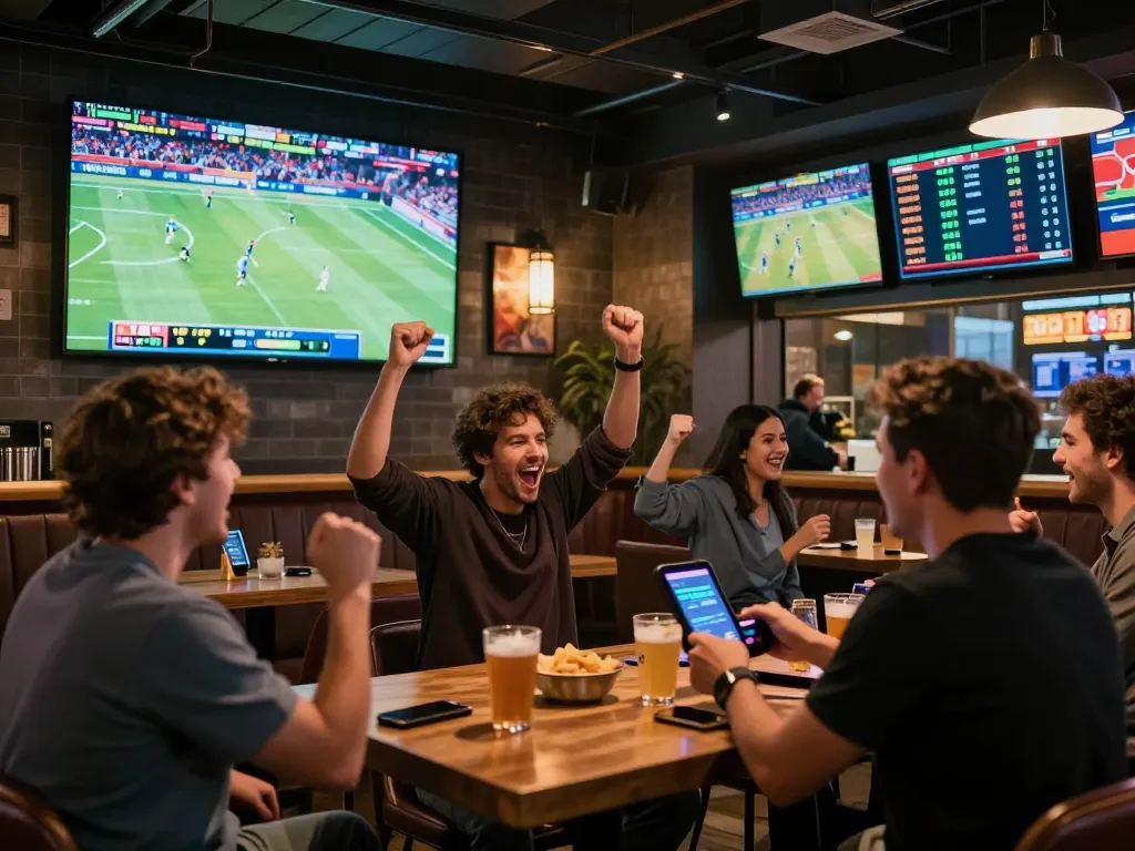 Fans cheering while placing sports bets using vipwin app in a lively sports bar.