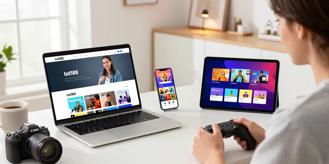 Interaktibong platform ng bd188 na nagpapakita ng mga laro at aplikasyon sa isang laptop.