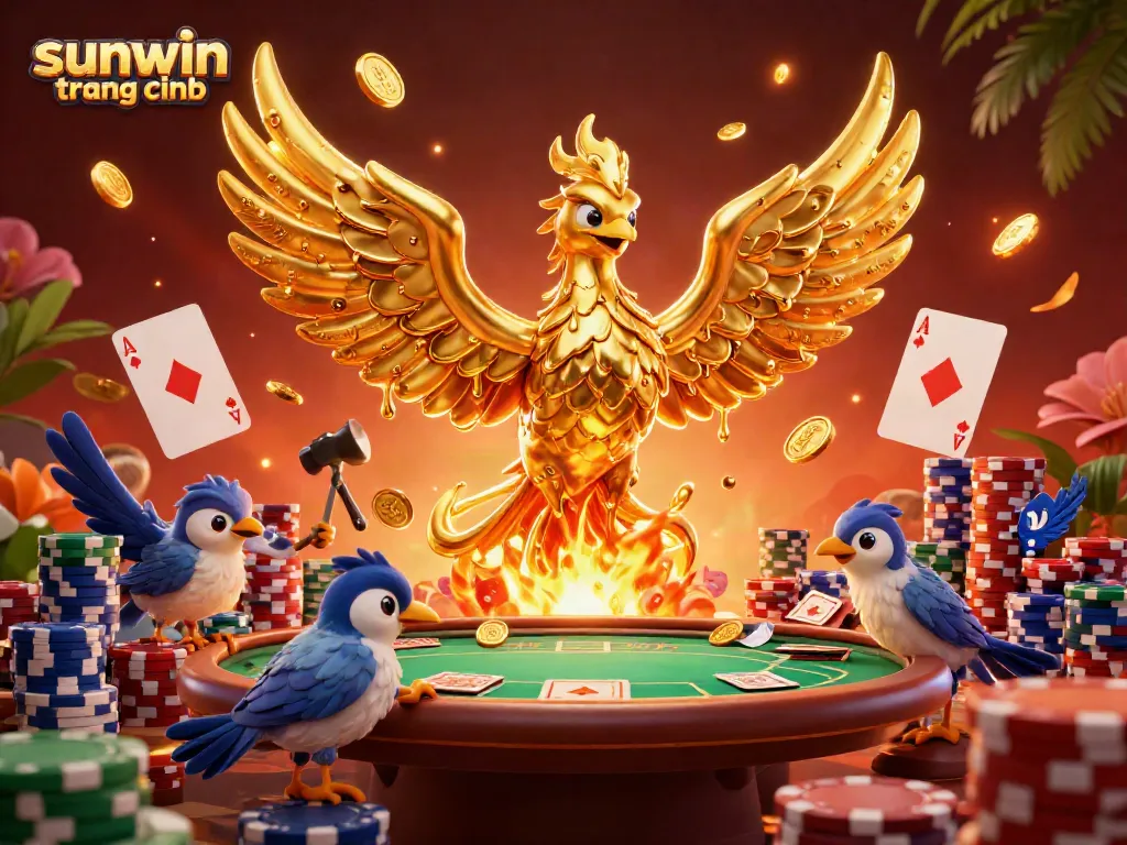 Experience the thrilling ambiance of sunwin trang chính with a molten phoenix and poker elements in a dynamic casino scene.