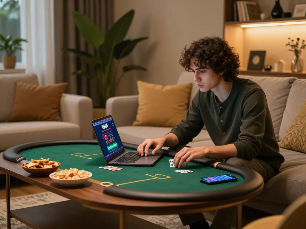 Engaged player enjoying poker on iWin casino app in a cozy living room setting.
