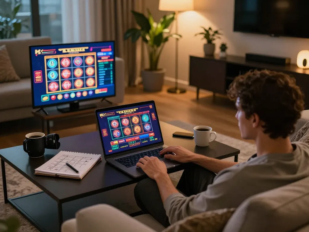 Person enjoying a gaming session on link LUCK8 interface in a cozy home setup with warm lighting