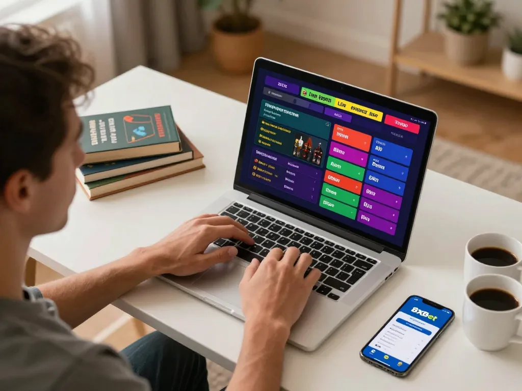 Person engaging in live sports betting on 8xbet from a cozy home office, showcasing modern technology.