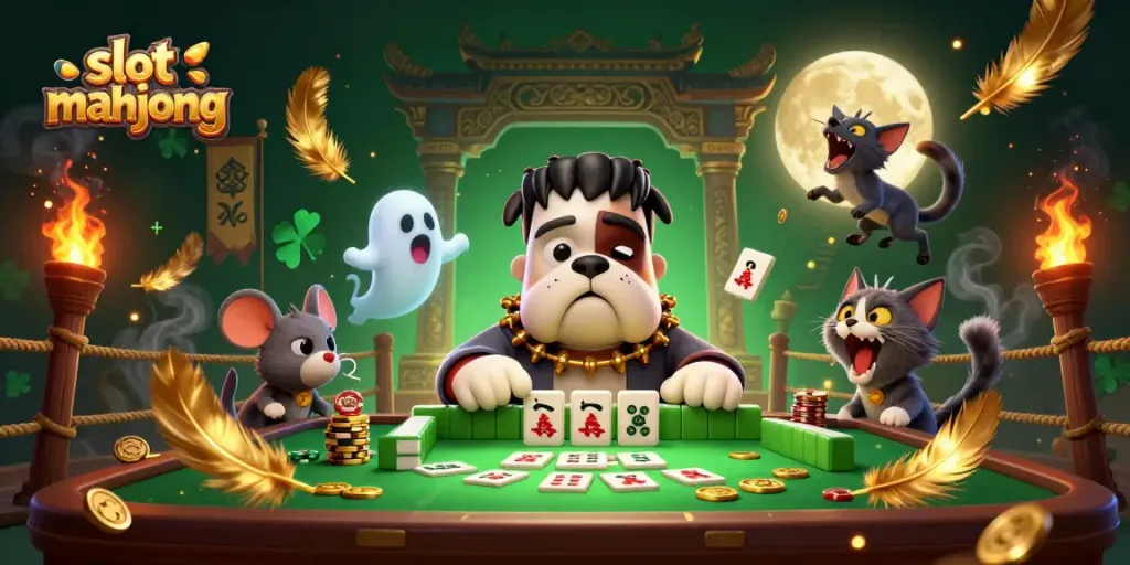 Menggoda slot mahjong di meja hijau yang spooky, dengan karakter unik dan elemen kasino.