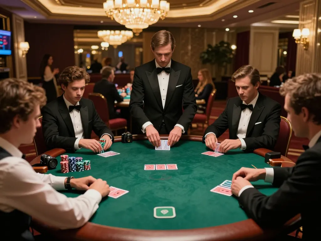 Pemain terlibat dalam permainan poker berisiko tinggi di kasino mewah, menekankan strategi defineyouniversity.