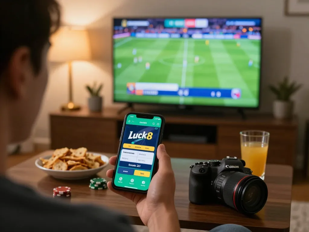 Link vào Luck8 for live sports betting at home, player using smartphone app while watching football game on TV