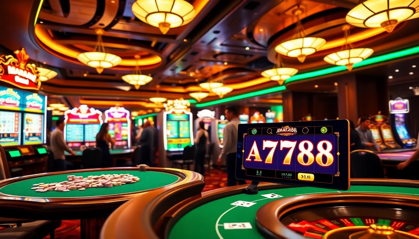 Suasana perjudian yang mendebarkan menampilkan pengunjung yang menikmati mesin slot aman788 di tengah dekorasi kasino mewah.
