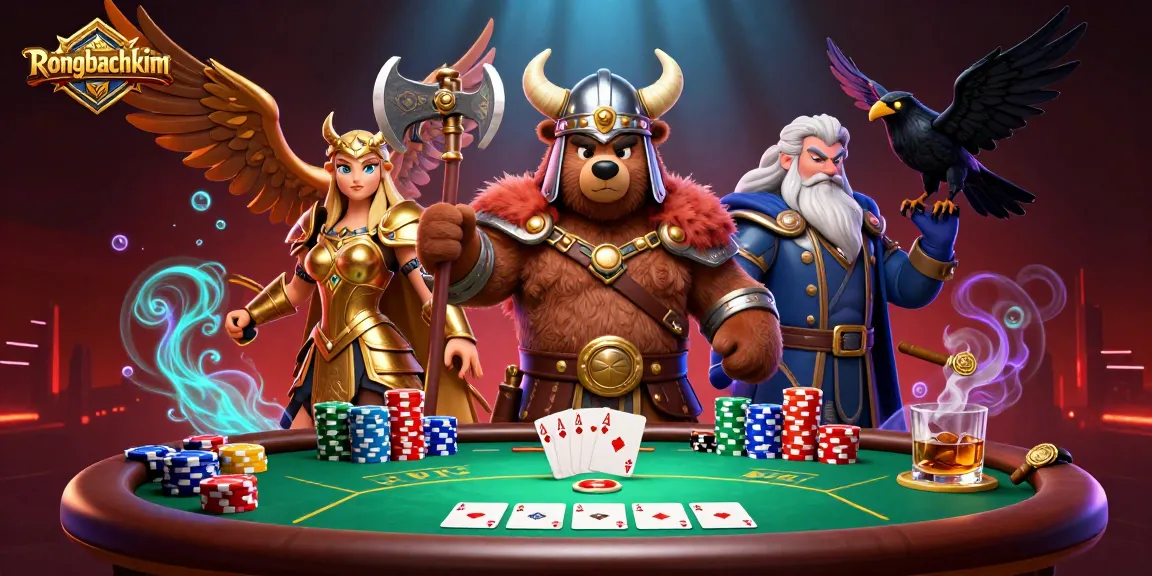 Experience Rongbachkim's thrilling poker showdown with a Viking berserker bear and Valkyrie eagle amidst immersive casino elements.