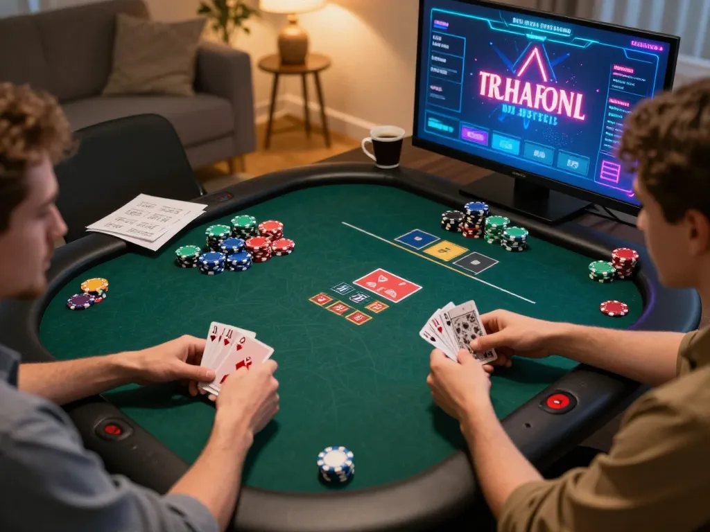 Engaging online poker action at home captured by hoorayblog, showcasing player hands and digital table environment.