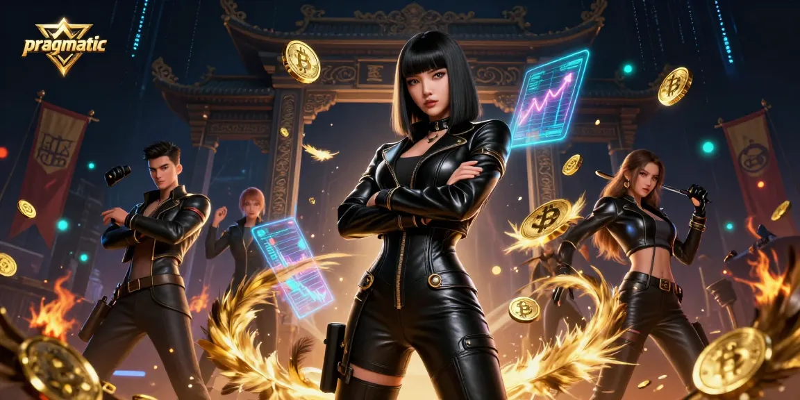 Engage in pragmatic gaming strategies with a stunning Asian woman surrounded by golden Bitcoin coins and neon effects.