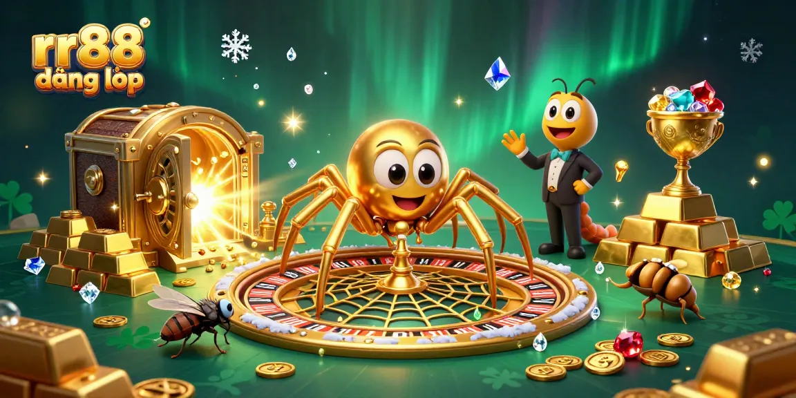 Experience rr88 đăng nhập with excitement! Spin the roulette wheel amidst treasures, in this vibrant 3D casino scene.