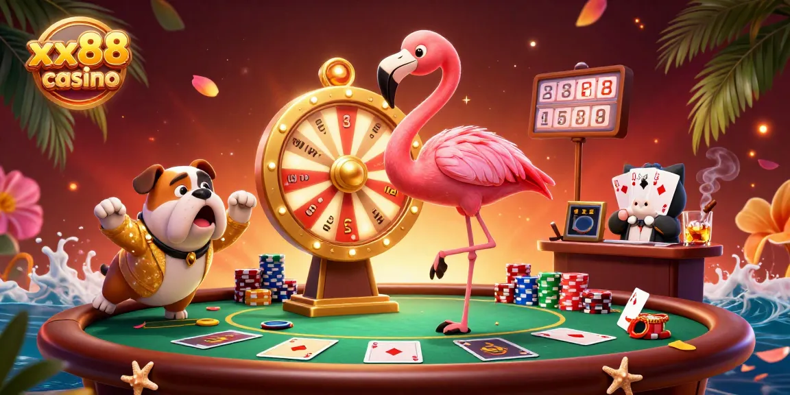 Experience the thrill of xx88 casino with a dynamic scene of a flamingo host, bulldog contestant, and exciting game elements.