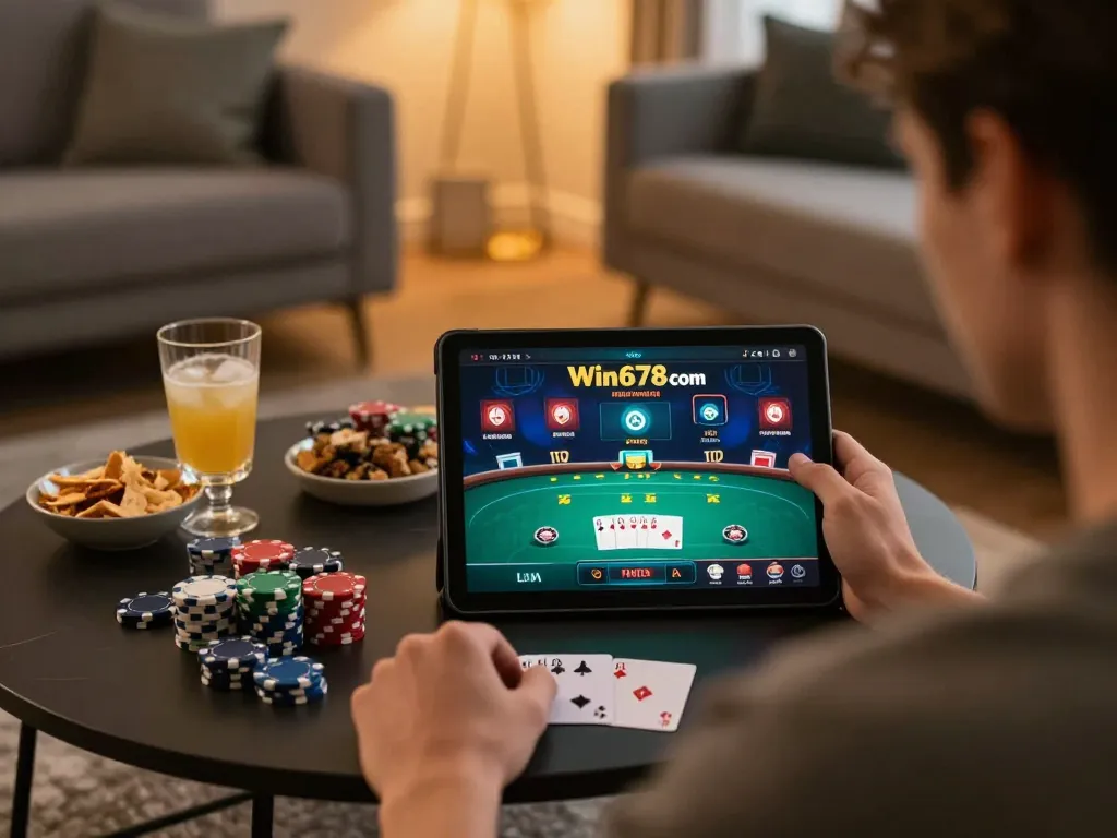 Player immersed in online gaming on win678 com tablet with poker details and cozy ambiance.