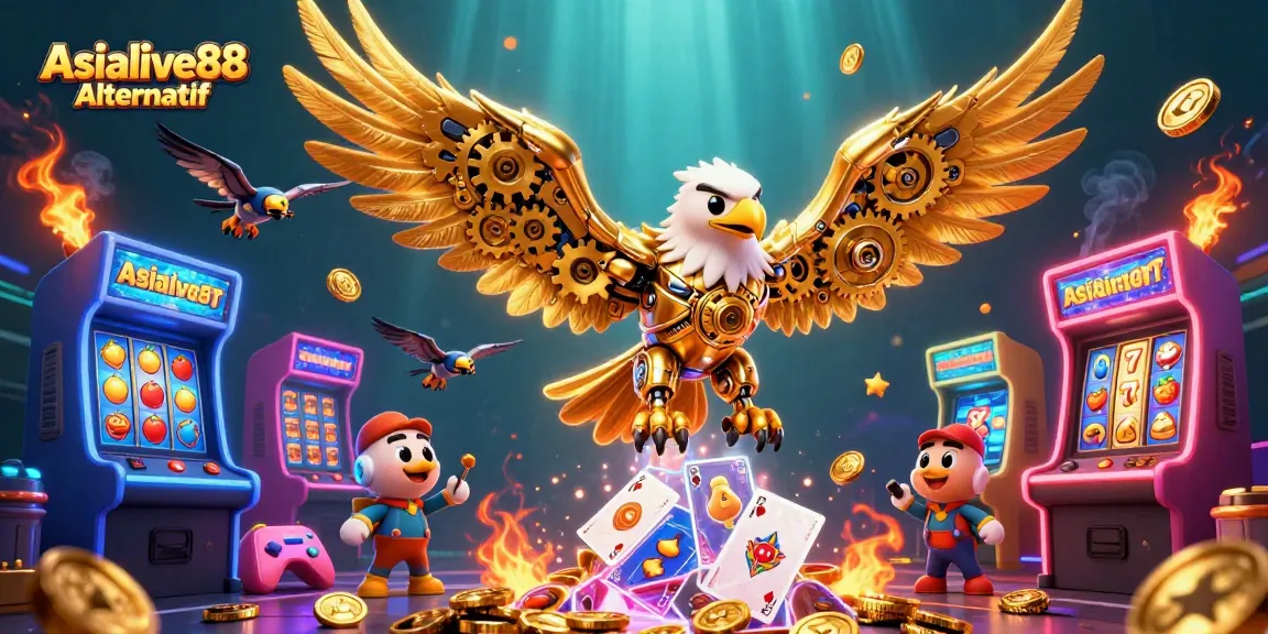 Experience gaming excitement with Asialive88 Alternatif featuring a dynamic, colorful 3D casino scene.