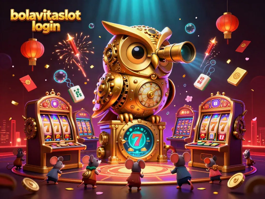 Experience excitement with bolavitaslot login as a golden owl surveys a bustling casino floor.