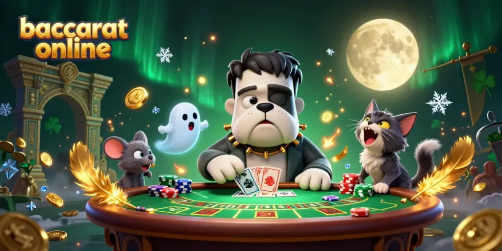 Experience baccarat online with a vibrant scene featuring unique cartoon characters and gaming elements.