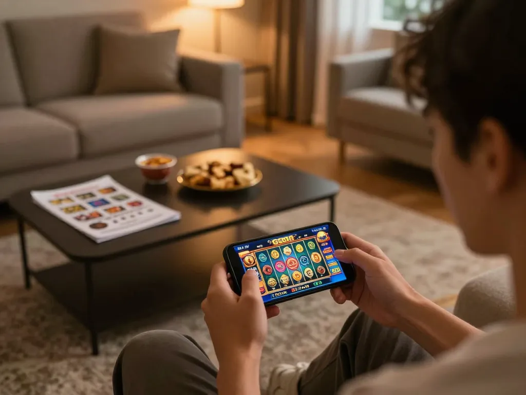 Enjoying a mobile GO88 casino game in a cozy home setting with strategic notes and snacks.